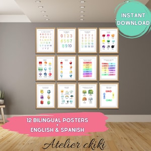 12 zweisprachige Englisch Spanisch Lernposter, Lernposter Spanisch, Montessori Homeschool Klassenzimmer Dekor, Printable Posters Regenbogen