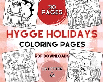 30 Cozy Hygge Winter and Christmas Coloring Pages | Cute Holiday Animals | Relaxing Designs for Winter Joy | Printables for Kids and Adults