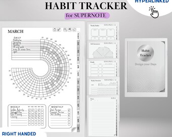 May include: A black and white habit tracker for the Supernote tablet. The tracker includes a daily, weekly, and monthly section for tracking habits. The tracker is designed to be used with a stylus and has a simple and effective design. The tracker is indexed and hyperlinked for easy navigation.