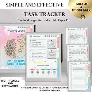 May include: A digital task tracker for reMarkable Paper Pro. The image shows a tablet with a task tracker interface, including a dashboard, to-do lists, and a brain graphic. Text includes "Simple and Effective Task Tracker" and "Free the Brain. Track the Tasks."