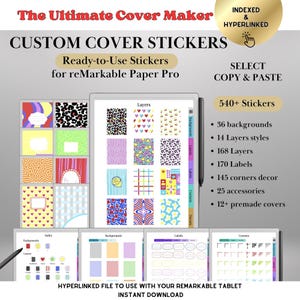 May include: Digital sticker set for reMarkable Paper Pro. The image shows a tablet displaying various sticker designs, including backgrounds, layers, labels, and corners. The text reads "The Ultimate Cover Maker" and "Custom Cover Stickers". The set includes 540+ stickers.