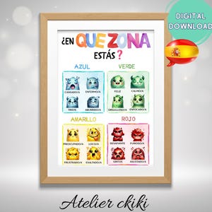 May include: A colorful chart with cartoon monsters representing different emotions. The chart is titled "¿EN QUE ZONA ESTÁS?" and features four color zones: blue, green, yellow, and red. Each zone has two monsters with different facial expressions and corresponding Spanish words describing the emotions.