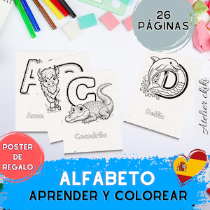 May include: A set of 26 coloring pages featuring the Spanish alphabet with illustrations of animals. The pages are designed for children to learn the alphabet and practice their coloring skills. The title of the set is "ALFABETO APRENDER Y COLOREAR" which translates to "Alphabet Learn and Color".