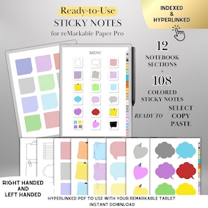Puede incluir: Notas adhesivas digitales para tabletas reMarkable Paper Pro. La imagen muestra una interfaz de tableta con diseños de notas adhesivas coloridas, incluyendo bocadillos, cuadrados y corazones. El texto indica 12 secciones de cuaderno y 108 notas adhesivas de colores. Listo para copiar y pegar.