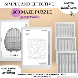 May include: A digital product featuring 600 maze puzzles for the Supernote tablet. The image shows a brain graphic, maze examples, and the text "Simple and Effective." The puzzles are designed for right and left-handed users.
