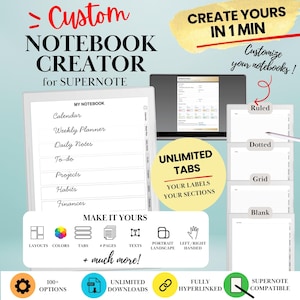 May include: A digital notebook creator tool for Supernote featuring a customizable interface with text labels like Calendar, Weekly Planner, and Daily Notes. It includes options for ruled, dotted, grid, and blank page layouts with hyperlinked tabs.