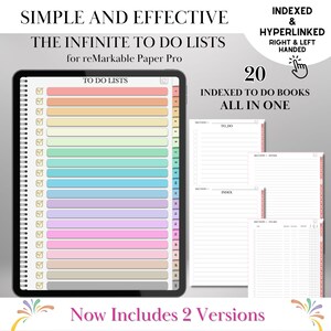 May include: Digital to-do list for reMarkable Paper Pro. The image shows a tablet with a colorful to-do list, featuring 20 indexed to-do books. The text reads "SIMPLE AND EFFECTIVE" and "THE INFINITE TO DO LISTS". The design is indexed and hyperlinked, with right and left-handed options.