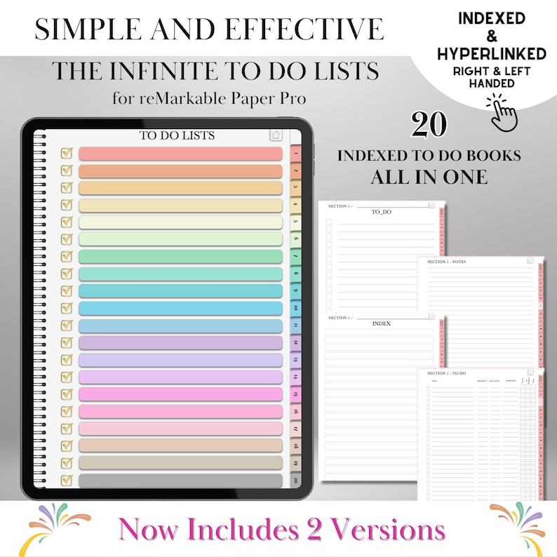 May include: Digital to-do list for reMarkable Paper Pro. The image shows a tablet with a colorful to-do list, featuring 20 indexed to-do books. The text reads "SIMPLE AND EFFECTIVE" and "THE INFINITE TO DO LISTS". The design is indexed and hyperlinked, with right and left-handed options.