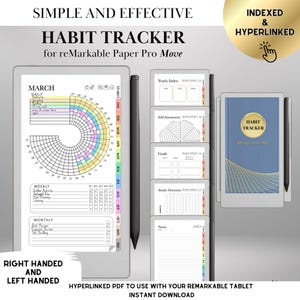 Könnte beinhalten: Digitaler Habit Tracker für reMarkable Tablets. Das Bild zeigt ein Tablet mit einem Habit Tracker-Layout, einen Stift und den Text "HABIT TRACKER". Der Tracker enthält Abschnitte für tägliche, wöchentliche und monatliche Ziele mit farbcodierten Abschnitten.