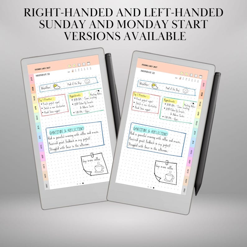 May include: Two digital tablets displaying a February 2027 planner page with a dotted grid, colorful monthly tabs, and a stylus. The screen shows sections for weather, top priorities, appointments, and gratitude, with the text: RIGHT-HANDED AND LEFT-HANDED SUNDAY AND MONDAY START VERSIONS AVAILABLE.
