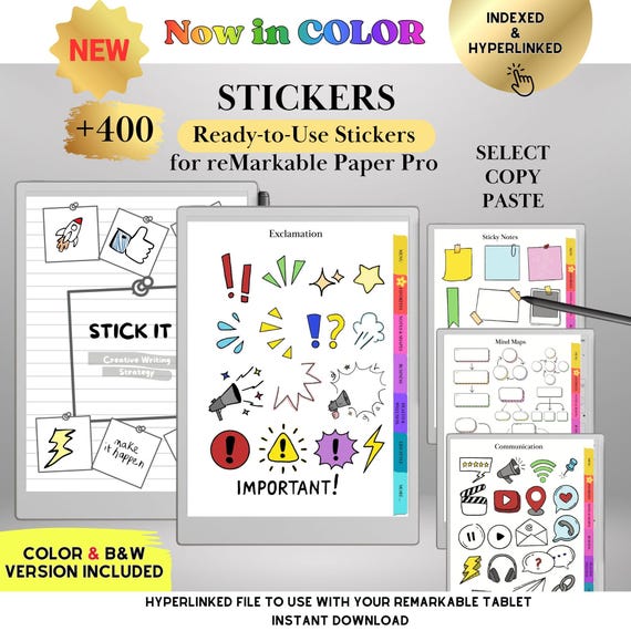 Color Stickers for reMarkable Paper Pro and reMarkable 2 Ready-to-Use Copy Paste Stickers, Notes, Shapes and Mind Maps reMarkable Templates