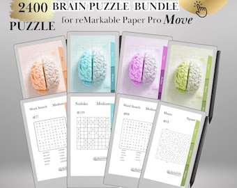 Op de afbeelding: Een bundel van 2400 hersenpuzzels voor reMarkable Paper Pro Move. De afbeelding toont verschillende tablets met verschillende soorten hersenpuzzels, waaronder woordzoekers, Sudoku en doolhoven. De tablets tonen kleurrijke hersenmodellen. De tekst op de afbeelding luidt "Eenvoudig en effectief."
