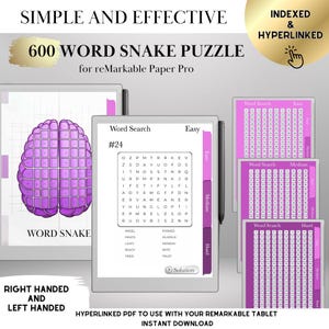 May include: A pink brain-shaped word search puzzle with the title "Word Snake" and the number "#24". The puzzle is designed for use with the reMarkable Paper Pro tablet. The puzzle is labeled "Easy" and includes a list of words to find. The image also shows three other word search puzzles labeled "Easy", "Medium", and "Hard".