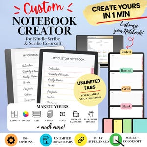 以下が含まれることがあります： Kindle ScribeおよびScribe Colorsoft向けのデジタルノート作成ツール。レイアウト、色、タブ、ページ数をカスタマイズ可能。インターフェースには、カレンダー、週間プランナー、日次メモなどのハイパーリンク付きセクションが表示され、罫線、ドット、方眼、無地のページオプションが用意されています。
