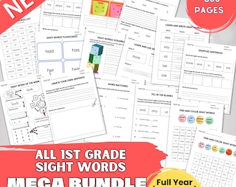 1st Grade Sight Words Worksheets Bundle | Dolch & Fry Words | Full Year 36 Weeks | Flashcards, Tracing, Matching, Progressive Learning Plan