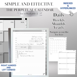 May include: A digital planner for the reMarkable 2 tablet. The planner features a perpetual calendar with daily, weekly, monthly, and yearly views. The calendar is indexed and hyperlinked for easy navigation. The planner is designed for both right-handed and left-handed users.
