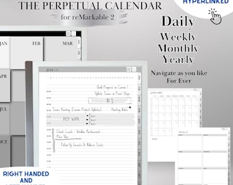 Perpetual Calendar Template for reMarkable 2 Undated Daily Planner Hourly, Daily, Weekly, Monthly Journal Hyperlinked Planner reMarkable2