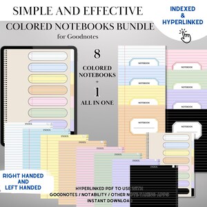 May include: A digital planner bundle for Goodnotes app with 8 color-coded notebooks and 1 all-in-one notebook. The notebooks are indexed and hyperlinked for easy navigation. The bundle includes both right-handed and left-handed versions.