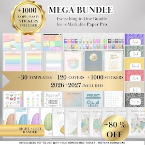 Könnte beinhalten: Ein digitales Planer-Bundle für reMarkable Paper Pro mit 120 Covern, über 1000 Stickern und 30 Vorlagen. Enthält Planer für 2026 und 2027, Wellness-Journals und Projektmanagement-Tools. Inklusive Optionen für Rechts- und Linkshänder.