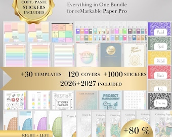 Vorlagen für reMarkable Paper Pro - Mega Bundle: Produktivität Bundle mit 2026 2027 Kalender, Planer, Sticker, Covers & mehr