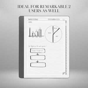 K&ouml;nnte beinhalten: Ein digitales Tablet mit handschriftlichen Notizen, Diagrammen und Grafiken. Der Bildschirm zeigt ein Balkendiagramm, ein Kreisdiagramm und den Text "MEETING NOTES". Der Text "IDEAL FOR REMARKABLE 2 USERS AS WELL" befindet sich oben.