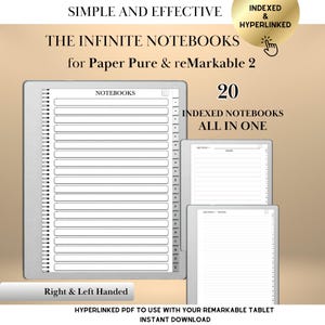 Peut inclure: Un cahier numérique avec le texte "THE INFINITE NOTEBOOKS" et "20 INDEXED NOTEBOOKS ALL IN ONE". L'image montre une tablette avec des pages lignées et les mots "Right & Left Handed". Le fond est un dégradé d'or et de marron.