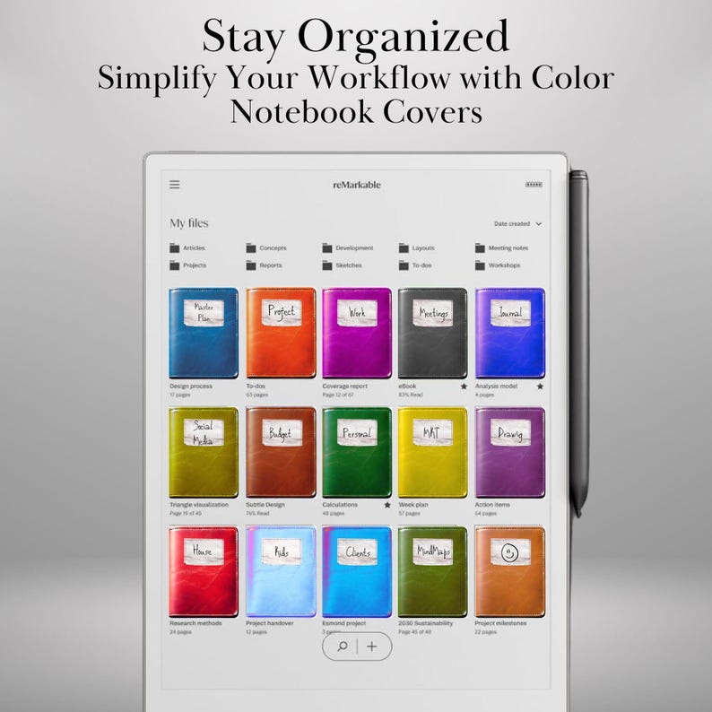 May include: A screenshot of a digital notebook app on a tablet, showing a variety of colorful notebook covers with different titles, such as "Project", "Work", "Meetings", and "Journal". The app is called "reMarkable".