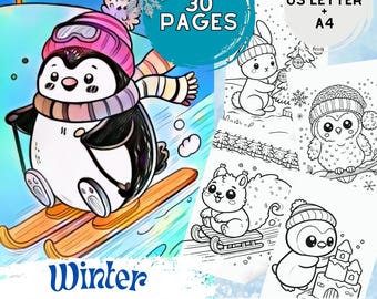 Cute Kawaii Winter Coloring Pages for Kids | Winter Activity Sheets Printable | Snow Games Coloring Bundle | Printable Coloring for Kids