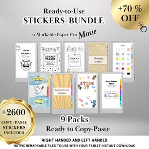 May include: A digital sticker bundle for reMarkable Paper Pro Move tablets. The image displays nine packs of ready-to-copy-paste stickers with various designs, including emojis, planning stickers, and custom cover stickers. The image also includes the text "+2600 COPY/PASTE STICKERS INCLUDED".
