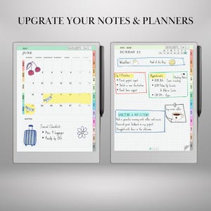 K&ouml;nnte beinhalten: Zwei digitale Tablets mit handschriftlichen Notizen und Kalenderlayouts. Eines zeigt einen Juni-Kalender mit Reisehinweisen, das andere einen Mai-Planer mit Priorit&auml;ten und Terminen. Der Text "UPGRADE YOUR NOTES & PLANNERS" steht oben.