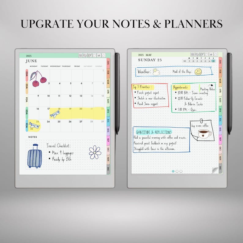K&ouml;nnte beinhalten: Zwei digitale Tablets mit handschriftlichen Notizen und Kalenderlayouts. Eines zeigt einen Juni-Kalender mit Reisehinweisen, das andere einen Mai-Planer mit Priorit&auml;ten und Terminen. Der Text "UPGRADE YOUR NOTES & PLANNERS" steht oben.