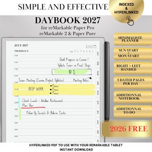 Può includere: Un'agenda digitale per il 2027 per tablet reMarkable, con un'interfaccia di pianificazione giornaliera con note scritte a mano, una barra di avanzamento e attività evidenziate. Il layout include schede mensili, uno stilo e pulsanti dorati che elencano le funzionalità.