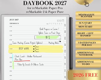 May include: A digital daybook for 2027 for reMarkable tablets, featuring a daily planner interface with handwritten notes, a progress bar, and highlighted tasks. The layout includes monthly tabs, a stylus, and gold buttons listing features like indexed, hyperlinked, and 2026 free.