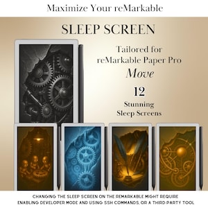May include: An advertisement for reMarkable Paper Pro sleep screens. The image shows a tablet with a stylus and four different sleep screen designs. The text reads "Maximize Your reMarkable" and "SLEEP SCREEN". The sleep screens have various steampunk and fantasy themes.