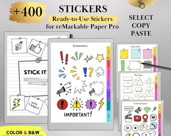 Adesivos coloridos para reMarkable Paper Pro e reMarkable 2. Adesivos, notas, formas e mapas mentais prontos para usar, além de modelos reMarkable para copiar e colar.