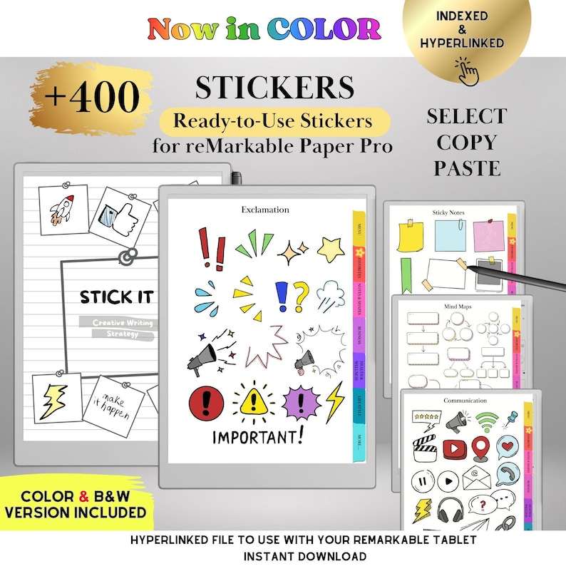 K&ouml;nnte beinhalten: Digitale Sticker f&uuml;r reMarkable Paper Pro Tablets. Das Bild zeigt eine Sammlung digitaler Sticker mit verschiedenen Designs, darunter Ausrufezeichen, Sterne, Sprechblasen und Haftnotizen. Der Text auf dem Bild lautet "Now in COLOR" und "+400 STICKERS".