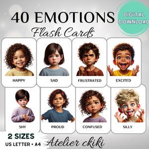 40 Emotionen Karteikarten für Kinder | Gefühlskarten für sozial emotionales Lernen | Klassenzimmer & Therapie Printable | Werkzeuge zur emotionalen Regulierung