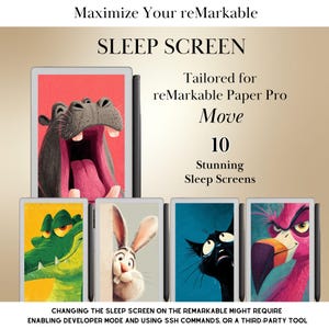 Może przedstawiać: Reklama ekranów uśpienia reMarkable Paper Pro. Obraz przedstawia hipopotama, aligatora, królika, czarnego kota i flaminga. Tekst brzmi "Maximize Your reMarkable SLEEP SCREEN Tailored for reMarkable Paper Pro Move 10 Stunning Sleep Screens."