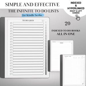 May include: A digital tablet displaying "TO DO LISTS" with checkboxes and lines. The image also shows the text "SIMPLE AND EFFECTIVE" and "THE INFINITE TO DO LISTS for Kindle Scribe". Additional tablets display "INDEX" and "INDEXED TO DO BOOKS ALL IN ONE".