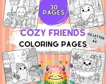 Cute Monster Coloring Pages | 30 Cozy Friends and Relaxing Fun for Kids and Adults | Printable Illustrations (PDF Digital Download)
