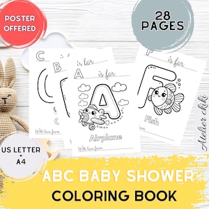 ABC Baby Shower Coloring Book, Baby’s First Alphabet Book, Cute Theme, Baby Shower Game and Activity, Baby Shower Gift, Printable PDF
