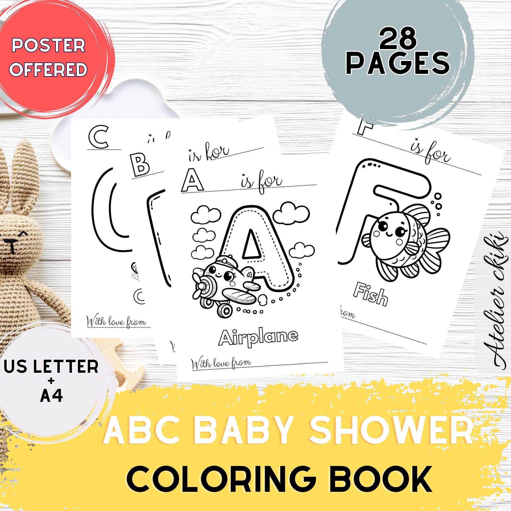 ABC Baby Shower Coloring Book, Baby’s First Alphabet Book, Cute Theme, Baby Shower Game and Activity, Baby Shower Gift, Printable PDF