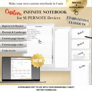 Può includere: Un taccuino digitale per dispositivi Supernote, che offre layout e colori di pagina personalizzati. Include opzioni per destrorsi e mancini, modalità verticale e orizzontale e 2 livelli di schede. Indicizzato e ipertestuale.