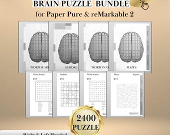 Op de afbeelding: Een digitale hersenpuzzelbundel voor Paper Pure en reMarkable 2 tablets. De bundel bevat woordzoekers, Sudoku, woordklitten en doolhoven. De afbeelding toont de tekst "SIMPLE AND EFFECTIVE BRAIN PUZZLE BUNDLE" en "2400 PUZZLE".