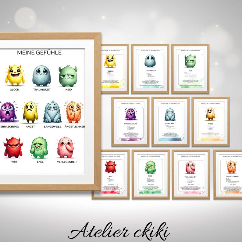 May include: A framed print and several smaller framed prints featuring cartoon illustrations of various emotions. The main print displays colorful monster-like characters representing feelings like happiness, sadness, and anger. The smaller prints have similar designs.