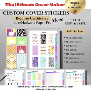 May include: Digital product for reMarkable Paper Pro. The image shows a collection of custom cover stickers with various designs, including backgrounds, layers, labels, and corners. The text reads "The Ultimate Cover Maker" and "Ready-to-Use Stickers".