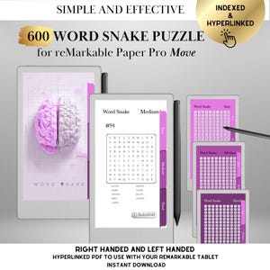 May include: A digital puzzle for the reMarkable tablet. The image shows a word snake puzzle with the text "600 WORD SNAKE PUZZLE". The puzzle is displayed on a tablet with a stylus. The image also includes the text "RIGHT HANDED AND LEFT HANDED".