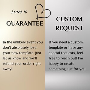 May include: A two-toned graphic with the words "Love It Guarantee" and "Custom Request." The left side is tan, and the right side is gray. Text explains a refund policy and custom template availability.