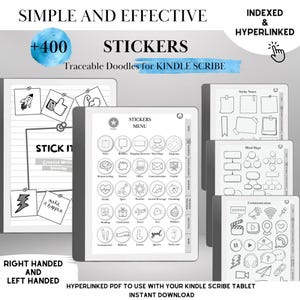 Puede incluir: Pegatinas digitales para tabletas Kindle Scribe. La imagen muestra garabatos rastreables, incluyendo notas adhesivas, mapas mentales e iconos de comunicación. El texto dice "Simple y efectivo" y "+400 pegatinas". El producto está indexado e hipervinculado.