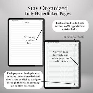 May include: Two digital tablets displaying a digital notebook with the text "Stay Organized Fully Hyperlinked Pages". The tablets show a to-do list and index pages. The text on the image includes "Access any section here" and "Each page can be duplicated".